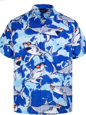 Men's Blue Shark Print Button-Up Shirt